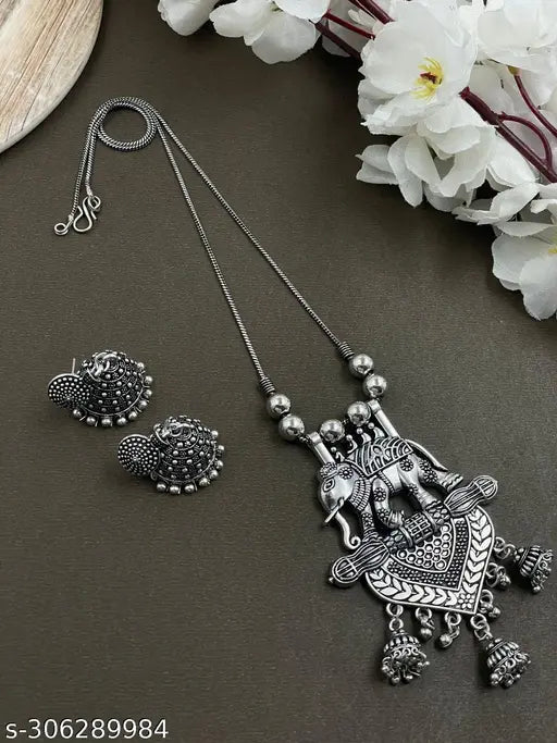 Beautiful Oxidized German Silver Long Chain Pendent Necklace Set With Earrings for Women and Girls