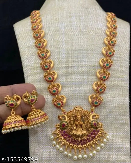 Women's South Indian Long Necklace With Earring Temple Jewellery Set For Women | Long Necklace And Earring Set For Women