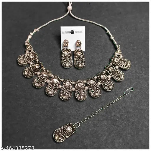Krishnarayana Oxidised paisley or teardrop shapes Choker Jewellery Mangtikka With Earring Set (Traditional Jewellery Set)