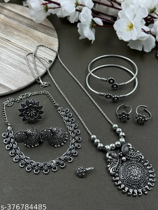 Premium Quality Brass Oxidised Short Necklace with pendant, Earrings, Kada, Toering, Ring and Nose Pin Set |German Silver Indian Jewellery |Indian Traditional Jewellery | Necklace for Girls and Women | Antique Heavy Necklace set | Silver Coloured Chunky J