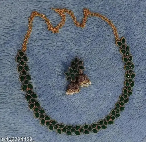 Green Toned Silver Toned American Diamond Stone Studded Necklace With Earring Jewellery Set For Women and Girl