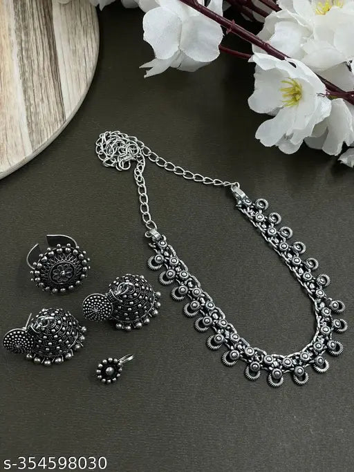 Beautiful oxidised Combo Necklace Set with Jhumka, Ring and Nosepin for Women and Girls by Jewelley Junction